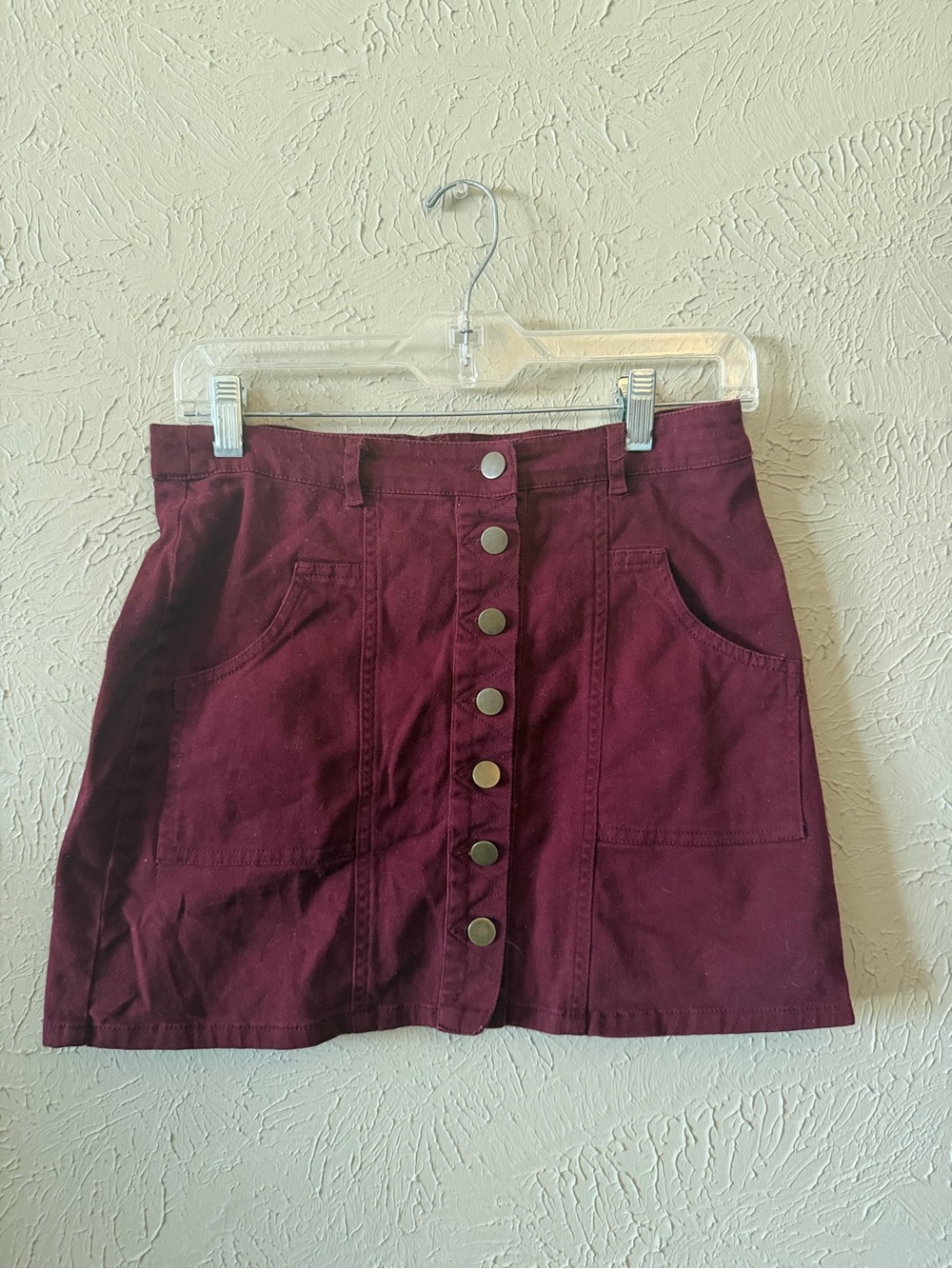 Button-Front A-Line Skirt - Burgundy